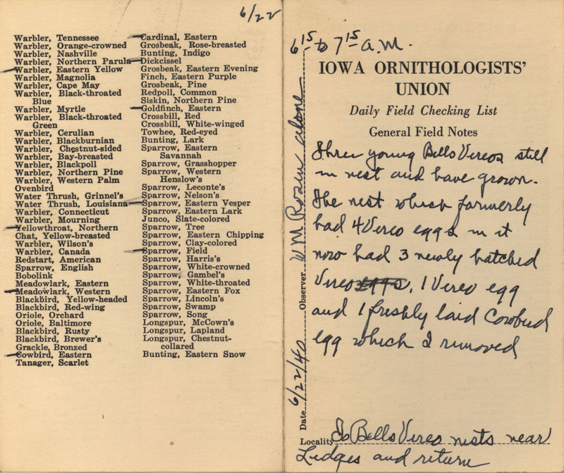 Daily field checking list of birds observed at Ledges State Park by Walter Rosene, June 22, 1940. Also notes three young Bell's Vireos in a nest.