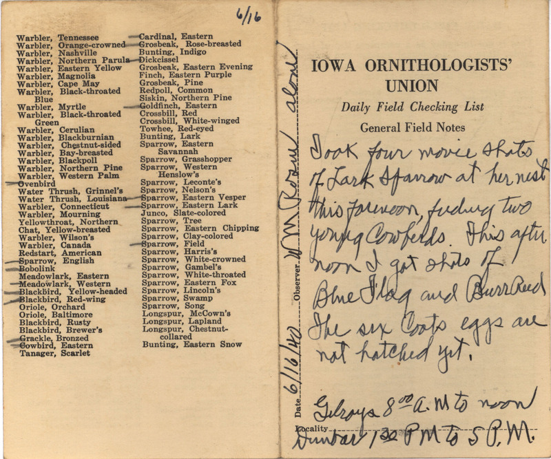 Daily field checking list of birds observed in Boone County by Walter Rosene, June 16, 1940. Also notes a Lark Sparrow at her nest feeding two young Brown-headed Cowbirds.