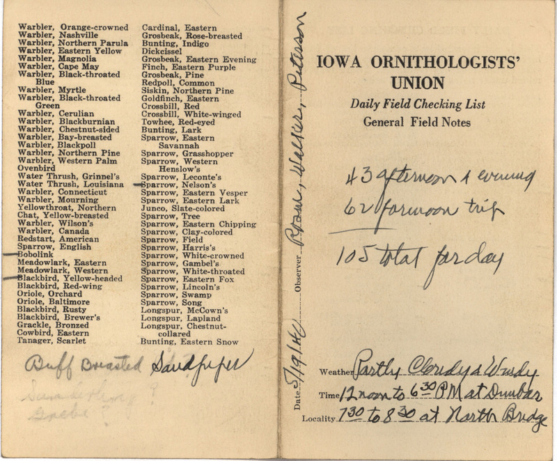 Daily field checking list of birds observed in Boone County by Walter Rosene, Robert Walker and Earl Peterson, May 19, 1940.