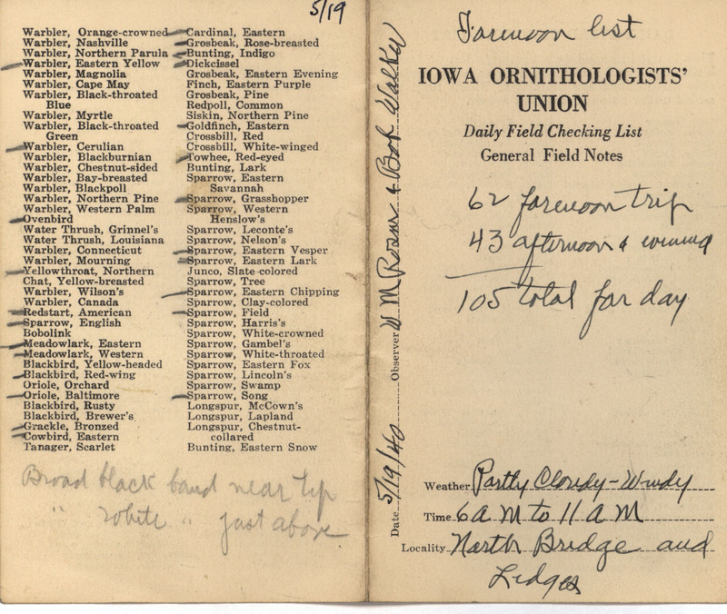 Daily field checking list of birds observed in Boone County by Walter Rosene and Robert Walker, May 19, 1940.