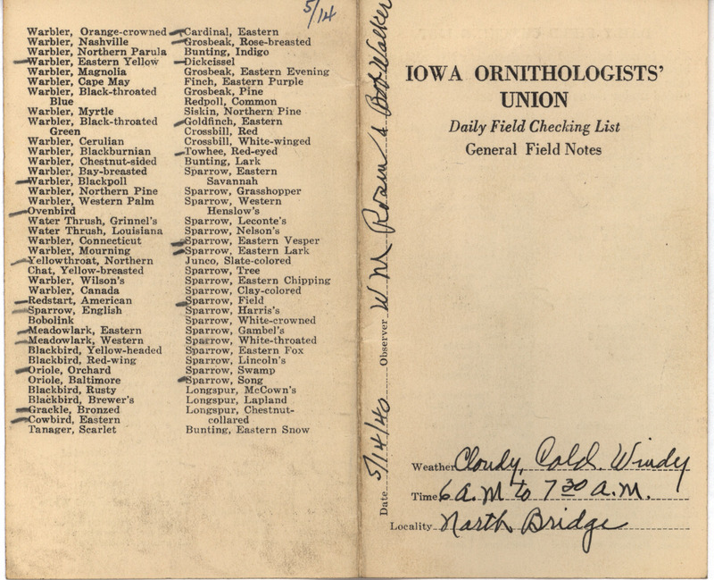 Daily field checking list of birds observed in Boone County by Walter Rosene and Robert Walker, May 14, 1940.