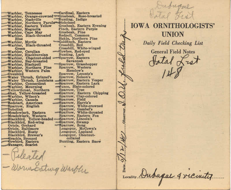 Daily field checking list of birds observed at Dubuque by Walter Rosene and others, May 12, 1940. Also notes this field trip includes members of the Iowa Ornithologists' Union.