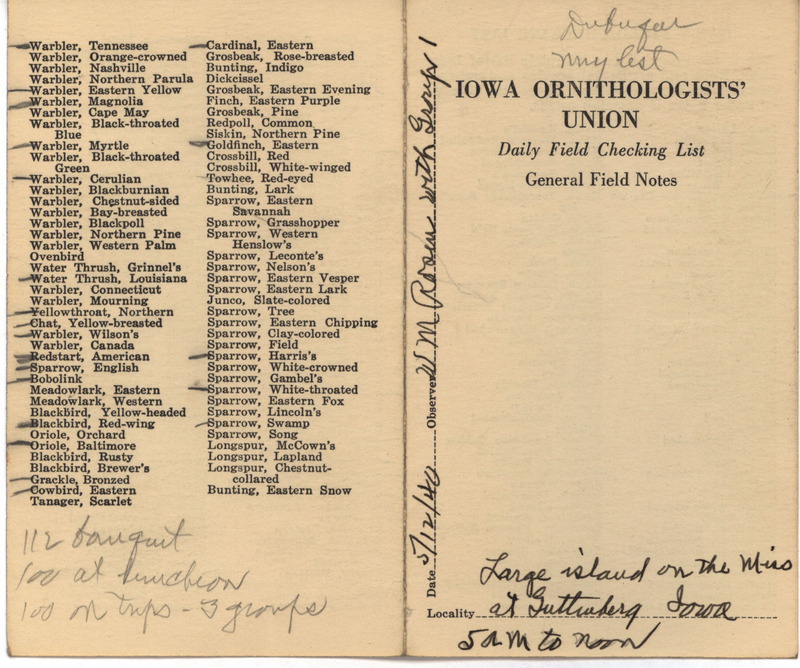 Daily field checking list of birds observed at Guttenberg by Walter Rosene and others, May 12, 1940.