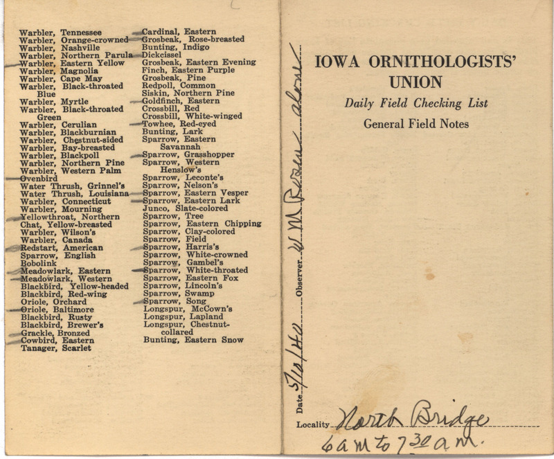 Daily field checking list of birds observed in Boone County by Walter Rosene, May 10, 1940.