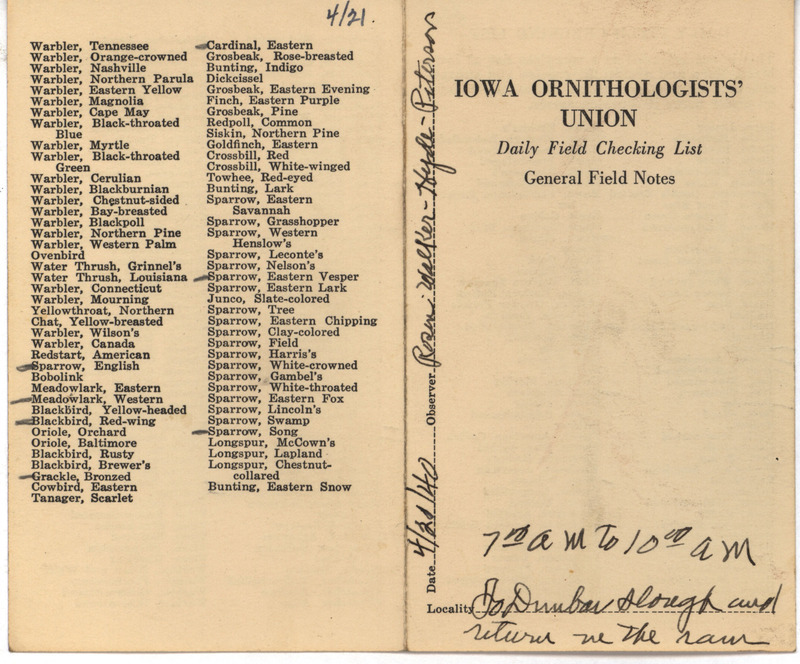 Daily field checking list of birds observed at Dunbar Slough by Walter Rosene, Robert Walker, Samuel J. Hyde and Earl Peterson, April 21, 1940.