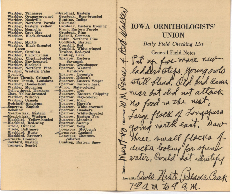 Daily field checking list of birds observed in Boone County by Walter Rosene and Robert Walker, March 17, 1940. Also notes a Great Horned Owl's nest with young.