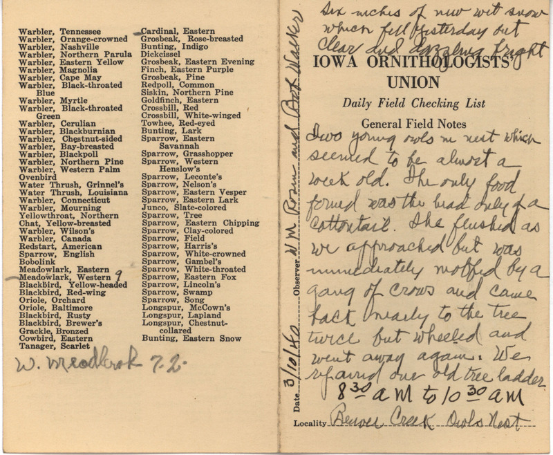 Daily field checking list of birds observed in Boone County by Walter Rosene and Robert Walker, March 10, 1940. Also notes a Great Horned Owl's nest with two young.