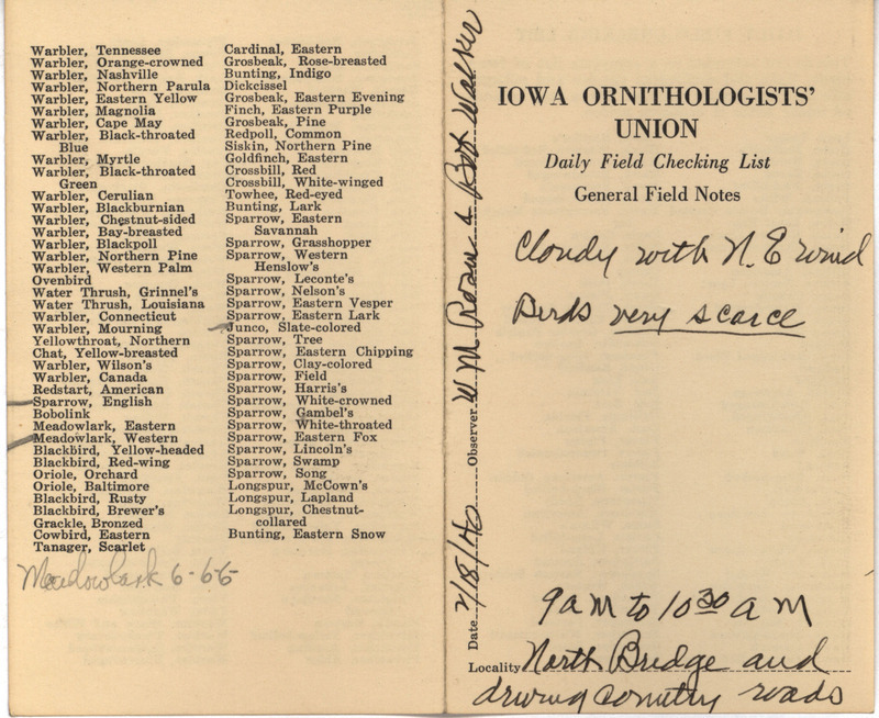 Daily field checking list of birds observed in Boone County by Walter Rosene and Robert Walker, February 18, 1940. Also notes the birds were very scarce.