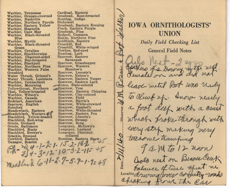 Daily field checking list of birds observed in Boone County by Walter Rosene and Robert Walker, February 11, 1940. Also notes a Great Horned Owl nest with two eggs.