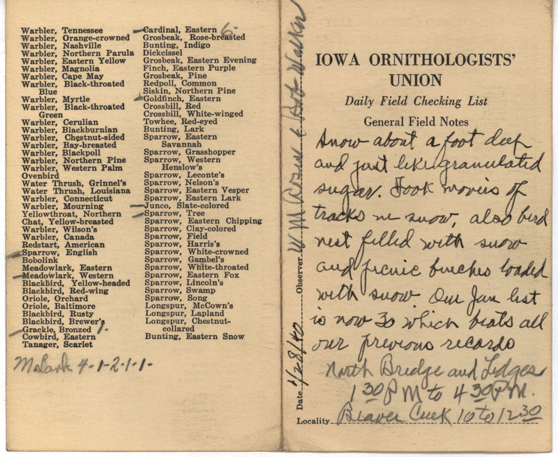 Daily field checking list of birds observed in Boone County by Walter Rosene and Robert Walker, January 28, 1940. Also notes about a foot of snow on the ground and a bird nest filled with snow.