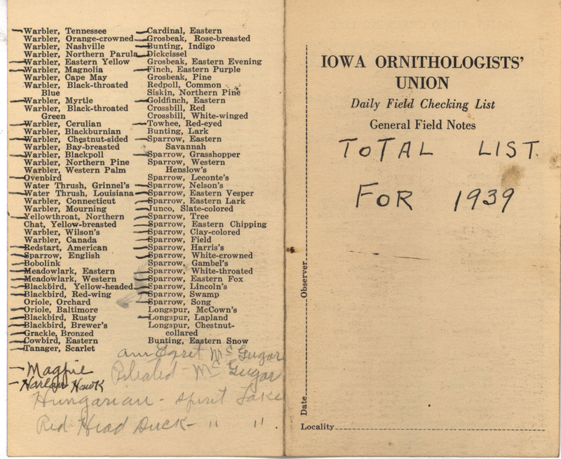 Daily field checking list includes birds observed by Walter Rosene in 1939.