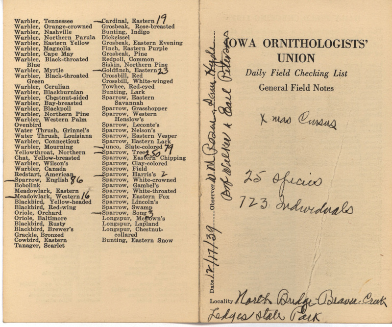 Daily field checking list of birds observed in Boone County by Walter Rosene, Robert Walker, Samuel J. Hyde and Earl Peterson, December 17, 1939. Also notes this is the Christmas census, 25 species were observed and 723 individuals.