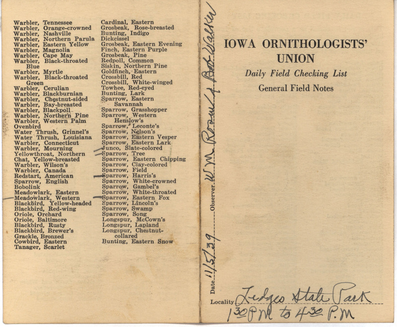 Daily field checking list of birds observed at Ledges State Park by Walter Rosene and Robert Walker, November 5, 1939.