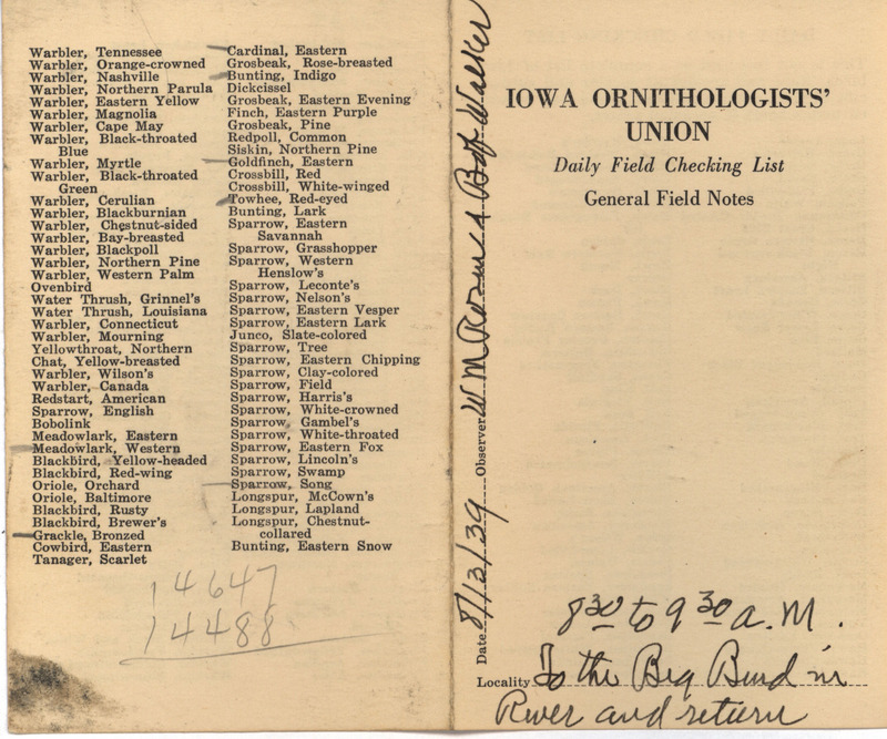 Daily field checking list of birds observed at the Des Moines River in Boone County by Walter Rosene and Robert Walker, August 13, 1939.