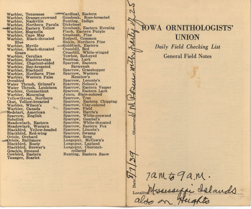 Daily field checking list of birds observed at the Mississippi River and McGregor Heights by Walter Rosene and others, August 7, 1939.