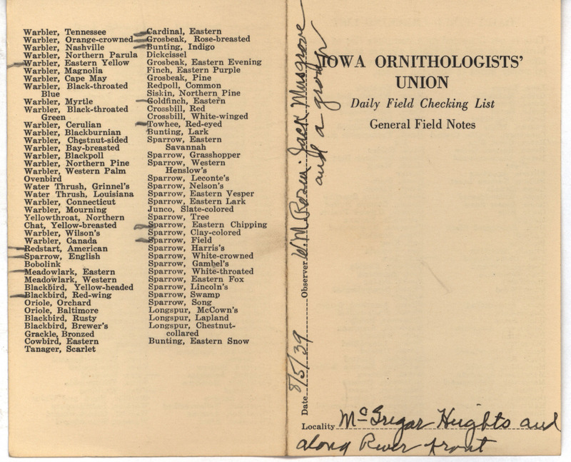 Daily field checking list of birds observed at the Mississippi River and McGregor Heights by Walter Rosene, Jack W. Musgrove and others, August 5, 1939.