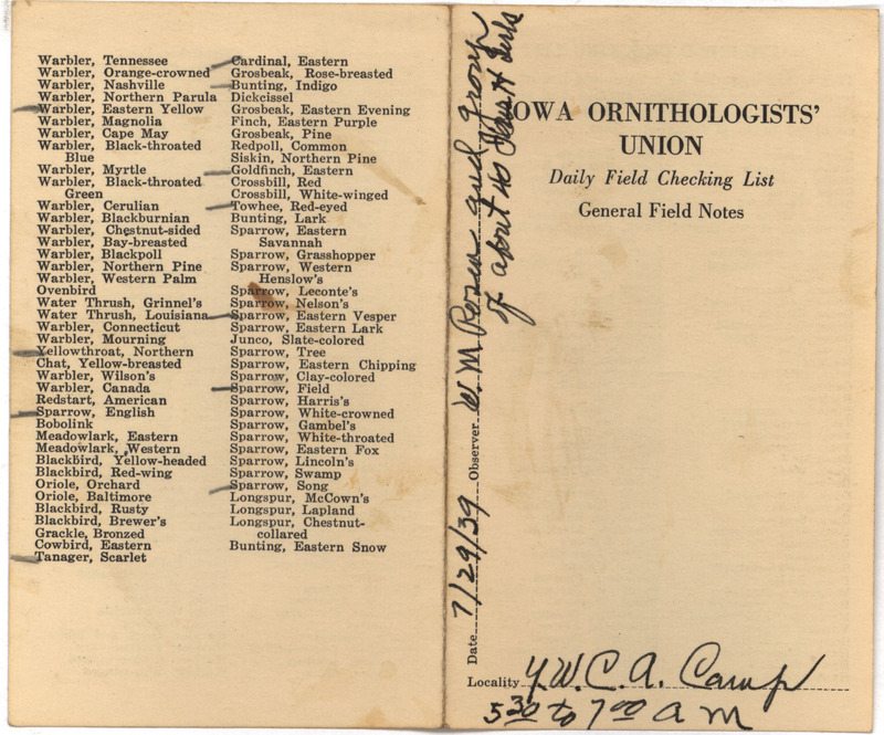 Daily field checking list of birds observed at the YWCA Camp by Walter Rosene and others, July 29, 1939.