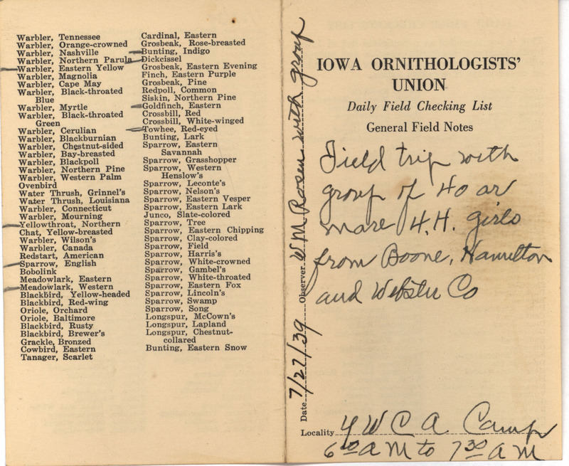 Daily field checking list of birds observed at the YWCA Camp by Walter Rosene and others, July 27, 1939. Also notes this field trip was with several 4-H girls from Boone, Hamilton and Webster County.