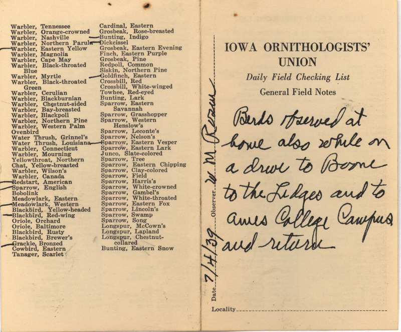 Daily field checking list of birds observed at Boone, Ledges State Park and Iowa State College by Walter Rosene, July 4, 1939.