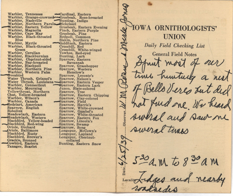 Daily field checking list of birds observed at Ledges State Park by Walter Rosene and Myrle L. Jones, June 25, 1939. Also notes he was hunting for a Bell's Vireo nest but did not find one.