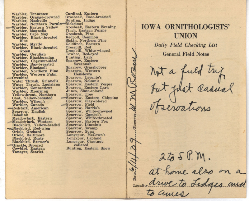 Daily field checking list of birds observed at Ames and Ledges State Park by Walter Rosene, June 11, 1939. Also notes this is not a field trip but casual observations as he drove to Ledges State Park and Ames.