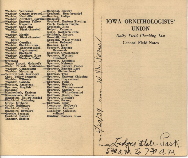 Daily field checking list of birds observed at Ledges State Park by Walter Rosene, May 20, 1939.