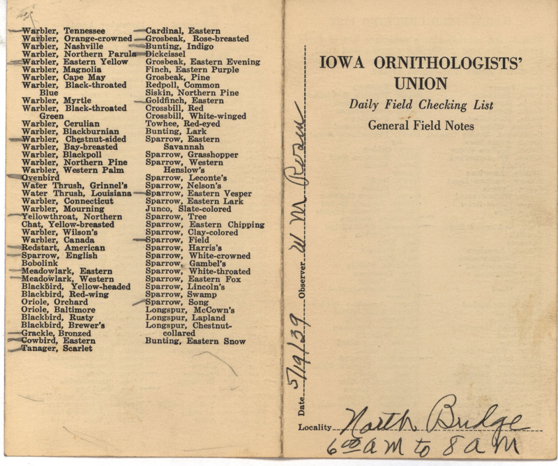 Daily field checking list of birds observed in Boone County by Walter Rosene, May 19, 1939.