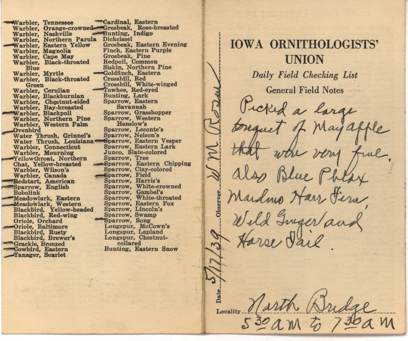 Daily field checking list of birds observed in Boone County by Walter Rosene, May 17, 1939. Also notes he picked a large bouquet of flowers including mayapples blue phlax, wild ginger and others.