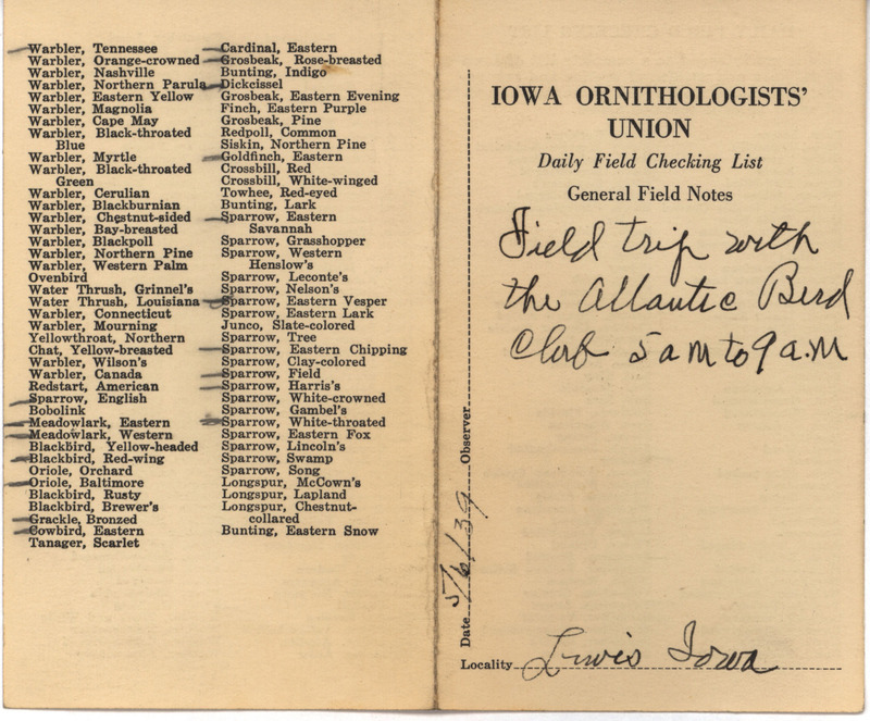 Daily field checking list of birds observed at Lewis by Walter Rosene and the Atlantic Bird Club, May 6, 1939. Also notes this was a field trip with the Atlantic Bird Club.