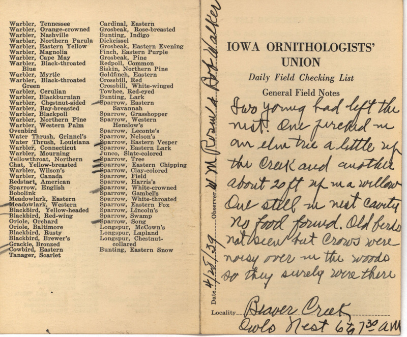 Daily field checking list of birds observed in Boone County by Walter Rosene and Robert Walker, April 28, 1939. Also notes two young Great Horned Owl's had left the nest and were perched nearby and one young Great Horned Owl was still in the nest cavity.