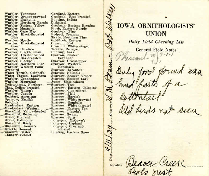 Daily field checking list of birds observed in Boone County by Walter Rosene and Robert Walker, April 11, 1939. Also notes the only food found in the Great Horned Owl nest were the hind parts of a cottontail.