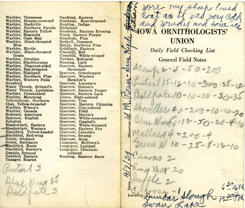 Daily field checking list of birds observed in Boone County by Walter Rosene, Samuel J. Hyde and Earl Peterson, April 7, 1939. Also notes they observed several species of ducks.