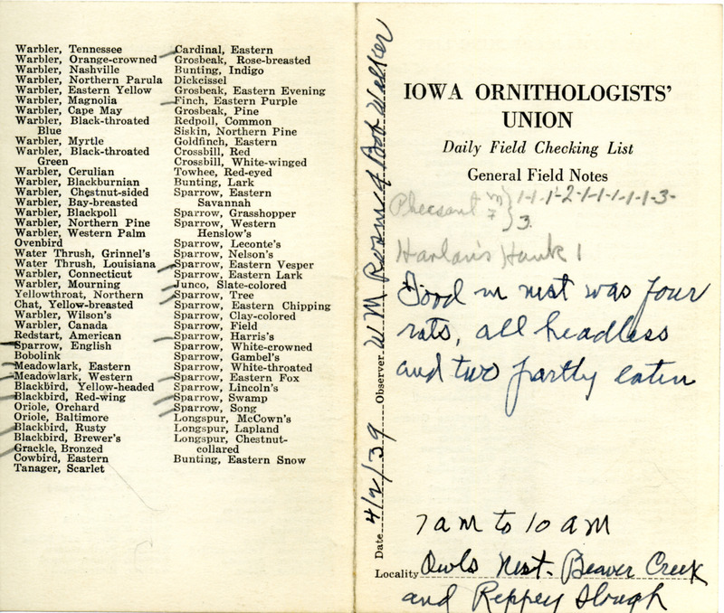 Daily field checking list of birds observed in Boone County by Walter Rosene and Bob Walker, April 2, 1939. Also notes the Great Horned Owl nest contained food consisting of animal remains.