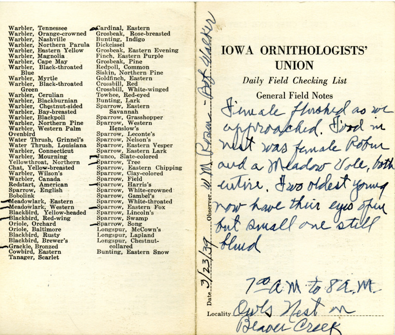 Daily field checking list of birds observed in Boone County by Walter Rosene and Bob Walker, March 23, 1939. Also notes two of the young Great Horned Owls have their eyes open while the third young owl does not.