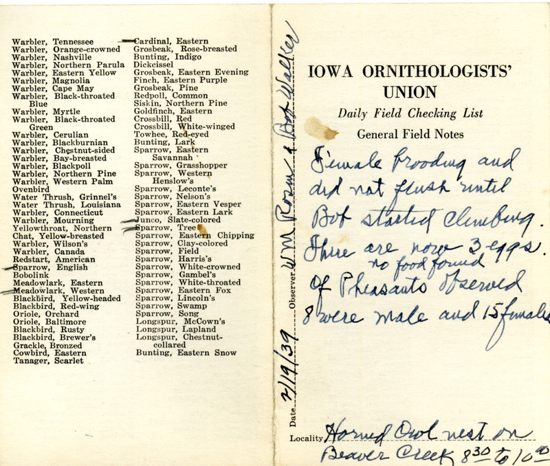 Daily field checking list of birds observed in Boone County by Walter Rosene and Bob Walker, February 19, 1939. Also notes the Great Horned Owl nest now has three eggs.