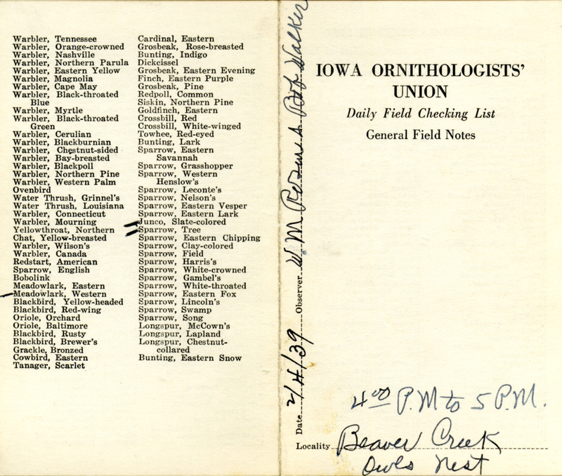 Daily field checking list of birds observed in Boone County by Walter Rosene and Bob Walker, February 4, 1939.