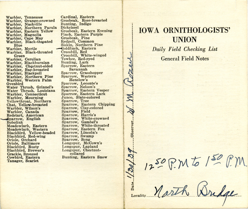 Daily field checking list of birds observed in Boone County by Walter Rosene, January 30, 1939.