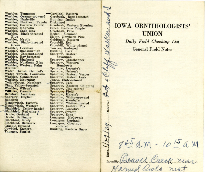 Daily field checking list of birds observed in Boone County by Walter Rosene, Bob Walker and Cliff Walker, January 29, 1939.