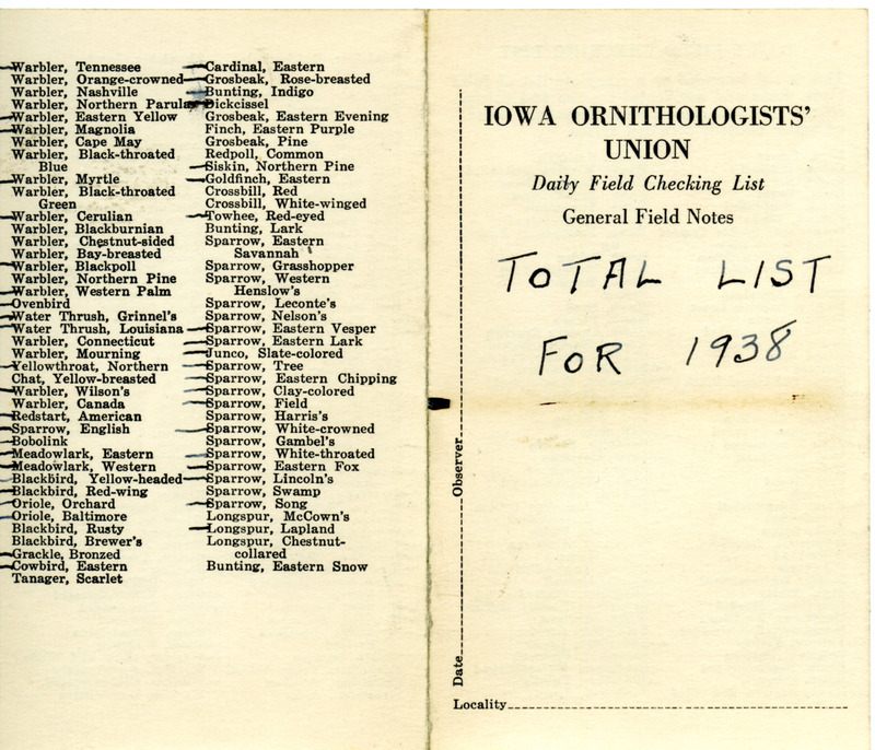 Daily field checking list includes birds observed by Walter Rosene in 1938.