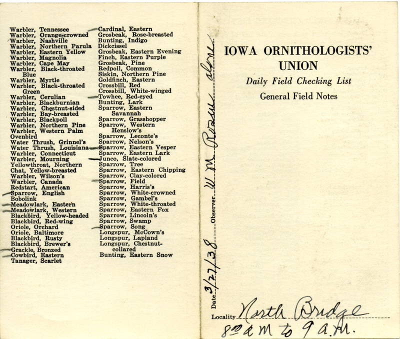 Daily field checking list of birds observed in Boone County by Walter Rosene, March 27, 1938.