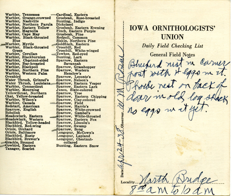 Daily field checking list of birds observed in Boone County by Walter Rosene, April 24, 1938. Also notes an Eastern Bluebird nest with four eggs and an Eastern Phoebe nest with no eggs yet.