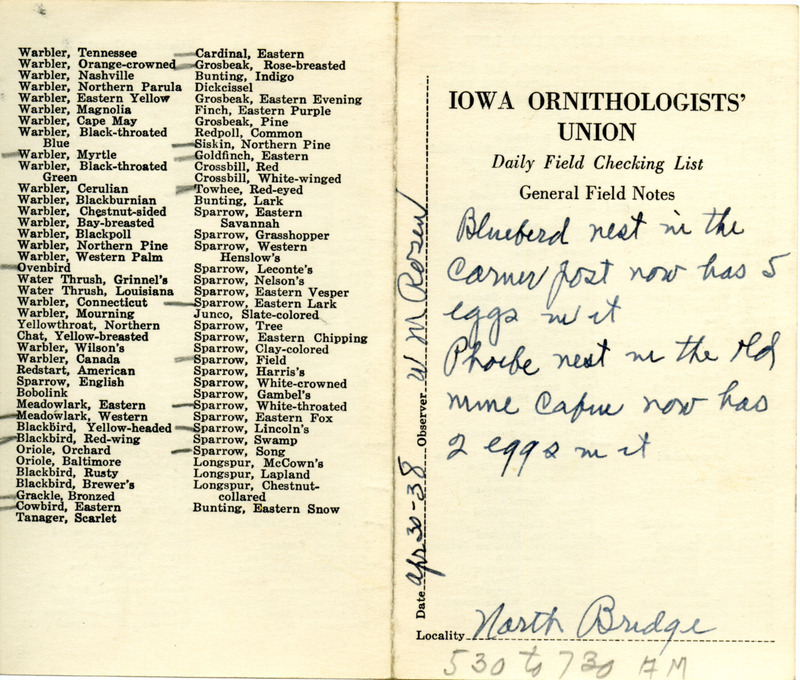 Daily field checking list of birds observed in Boone County by Walter Rosene, April 30, 1938. Also notes the Eastern Bluebird nest now has five eggs and the Eastern Phoebe nest has two eggs.