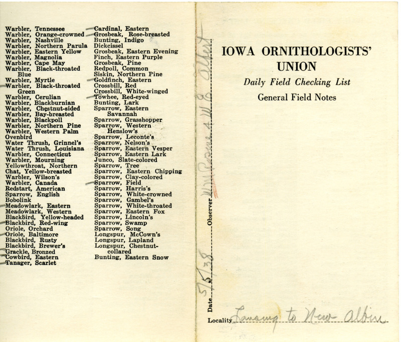 Daily field checking list of birds observed at Lansing and New Albin by Walter Rosene and William E. Albert, May 5, 1938.