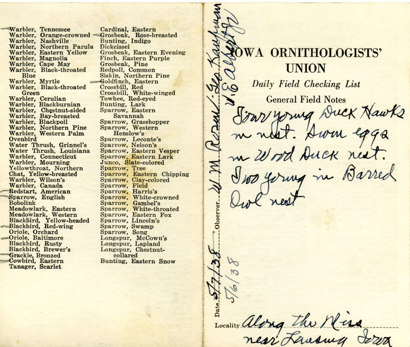 Daily field checking list of birds observed at Lansing by Walter Rosene, George E. Kaufman and William E. Albert, May 6, 1938. Also notes four young Peregrine Falcons in a nest, seven eggs in a Wood Duck nest and two young in a Barred Owl nest.