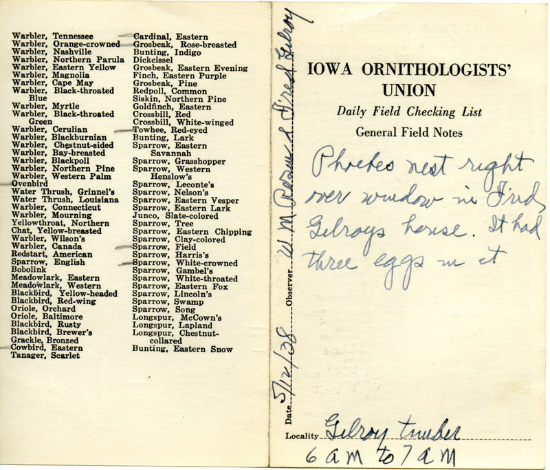 Daily field checking list of birds observed in Boone County by Walter Rosene and Fred Gilroy, May 12, 1938. Also notes an Eastern Phoebe nest with three eggs.