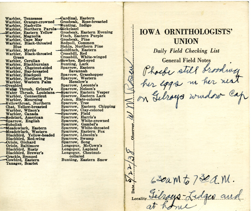 Daily field checking list of birds observed in Boone County by Walter Rosene, May 22, 1938. Also notes the Eastern Phoebe is brooding her eggs in her nest.