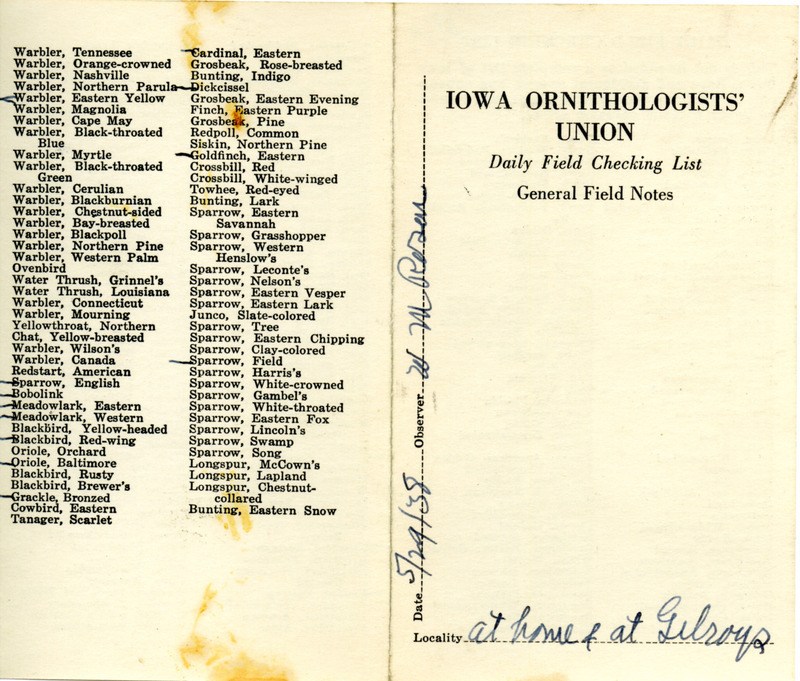 Daily field checking list of birds observed in Boone County by Walter Rosene, May 29, 1938.