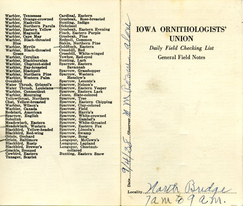 Daily field checking list of birds observed in Boone County by Walter Rosene, September 4, 1938.