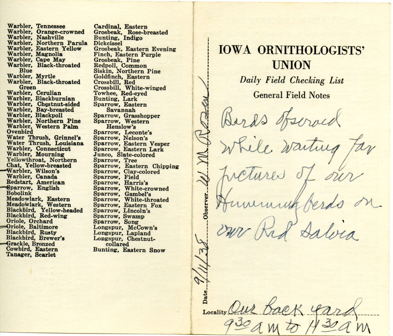 Daily field checking list of birds observed in Boone County by Walter Rosene, September 11, 1938.