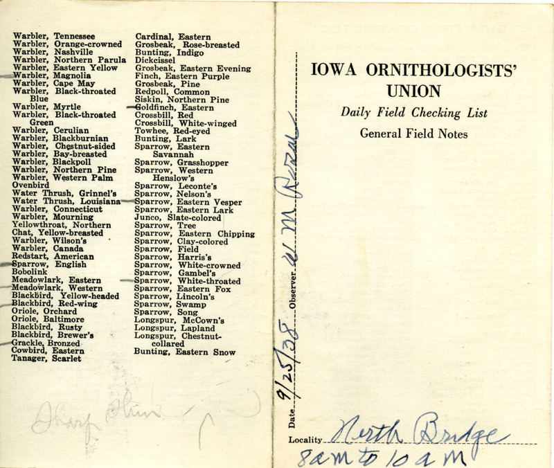 Daily field checking list of birds observed in Boone County by Walter Rosene, September 25, 1938.